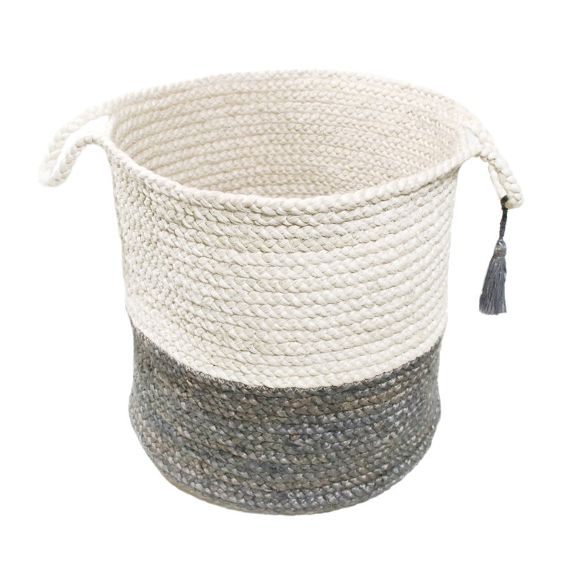 Handmade Round Jute Storage Basket with Gray and White Stripes