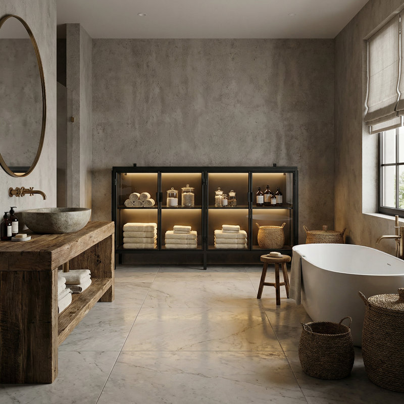 Armoire de rangement de salle de bain avec quatre portes en verre et lumière, Noir mat