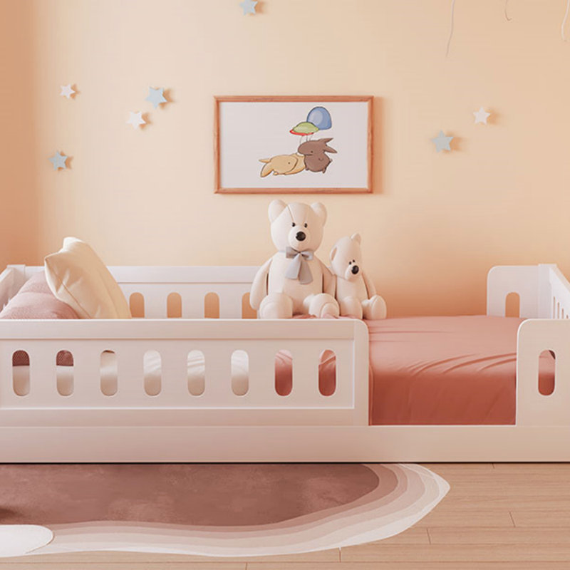 Lit plateforme en bois avec garde-corps et base de lit, White