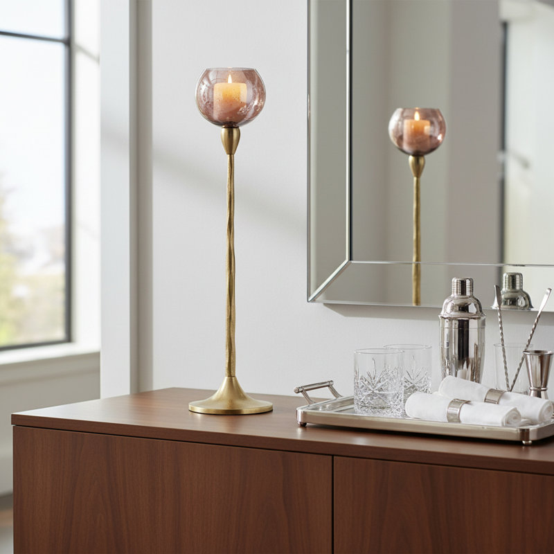 Decorative Pillar Candle Holder with Metal Base - Modern Tabletop or Floor Candle Holder for Table and Living Room Decor - Gold & Metallic