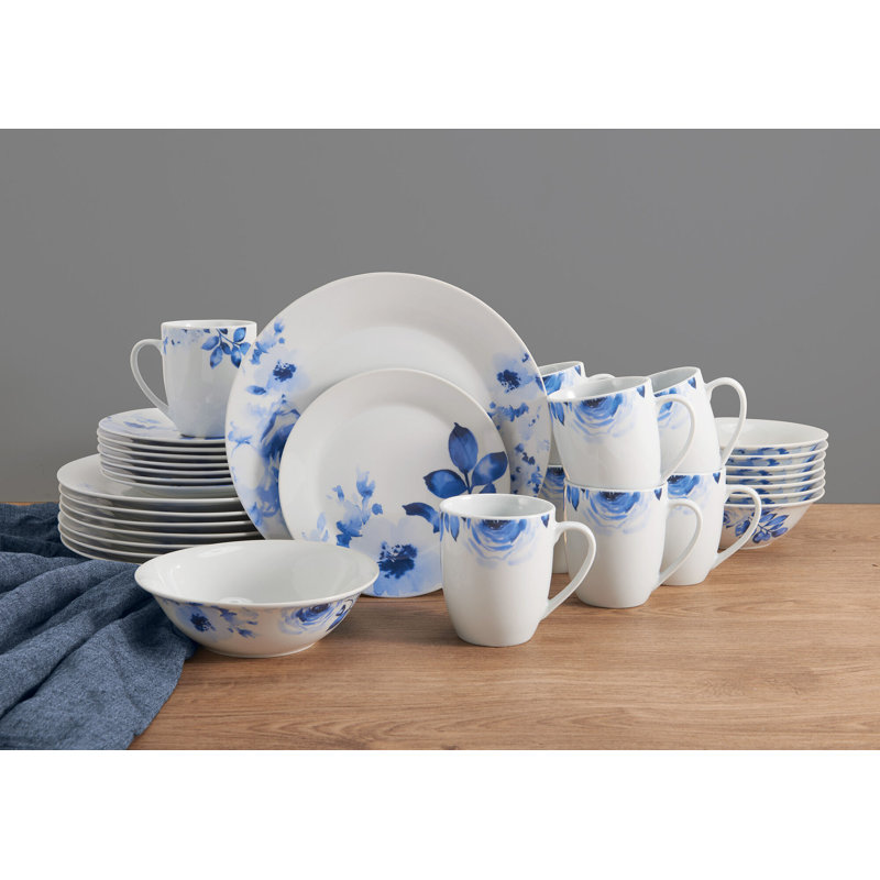 White and Blue Floral Porcelain Dinnerware Set, Service for 8