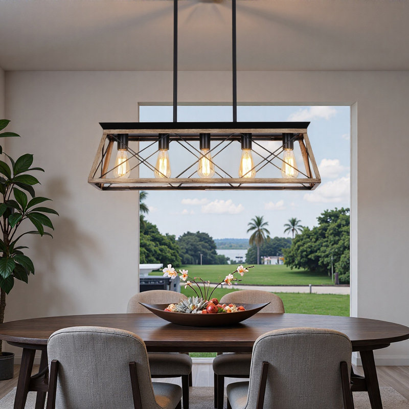 Lustre 5 lumières pour îlot de cuisine en métal naturel avec structure en cage ouverte, ampoules non incluses, Brun, Naturel
