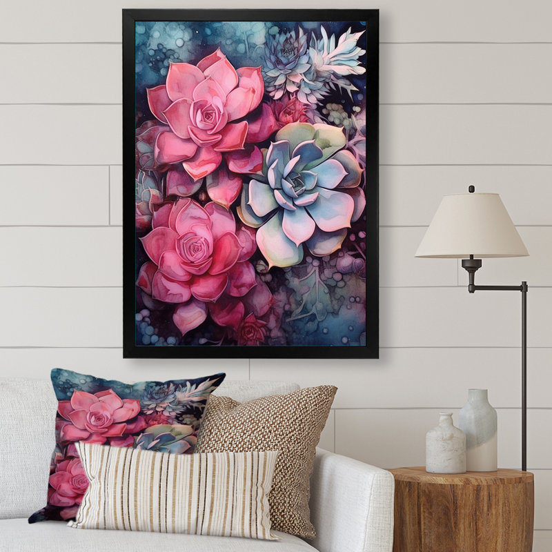 Rose, bleu sarcelle, résilience succulente, H 32 po x l 16 po x P 1 po, Cadre photo noir