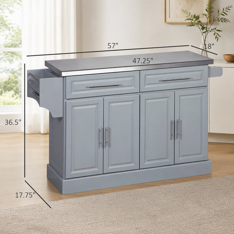 Îlot de cuisine avec rangement HOMcom, chariot de cuisine portable avec plateau en acier inoxydable, 2 tiroirs, porte-épices, porte-serviettes et couteaux, gris