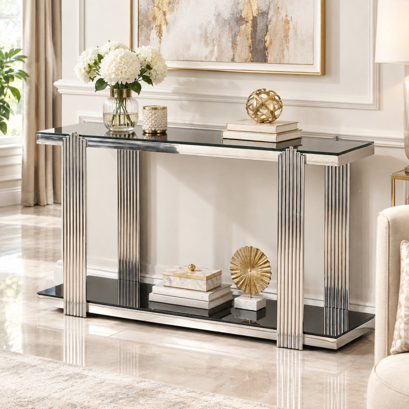 Console 55 po à 2 niveaux avec plateau en verre, Silver