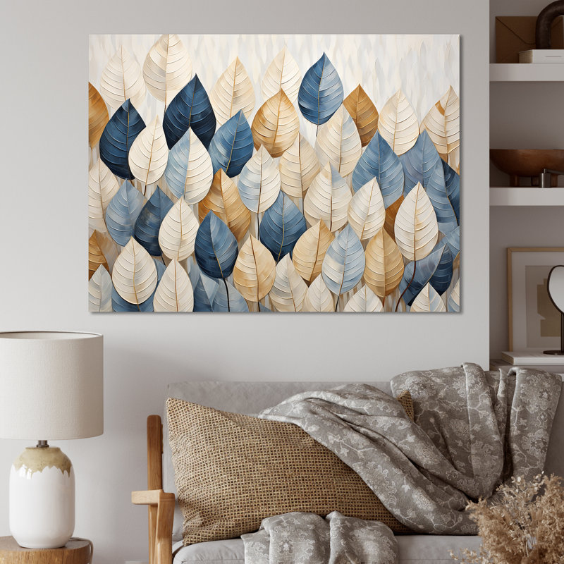 «Beige and Blue Minimalisme Leaves Collage I», art mural pour salon, Toile tendue, H 16 po x l 32 po x P 1 po