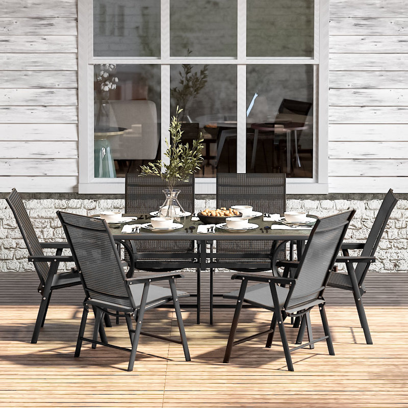 Eulys 6 - Person Patio Dining Set with Rectangular Table, 72cm H x 80cm W x 120cm L, Black, Black