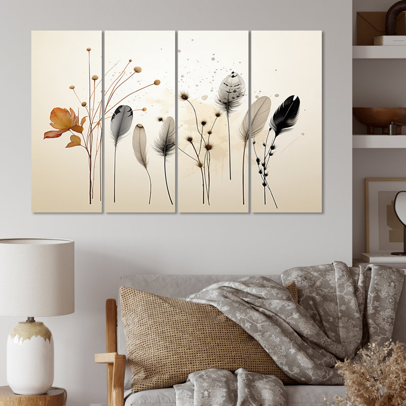 «Asian Art Feathers Sumi I» sur métal, reproduction de 4 pièces