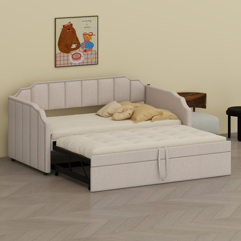 Modern Daybed Frame with Pull-Out Guest Bed and Integrated USB Charging Stations, Beige