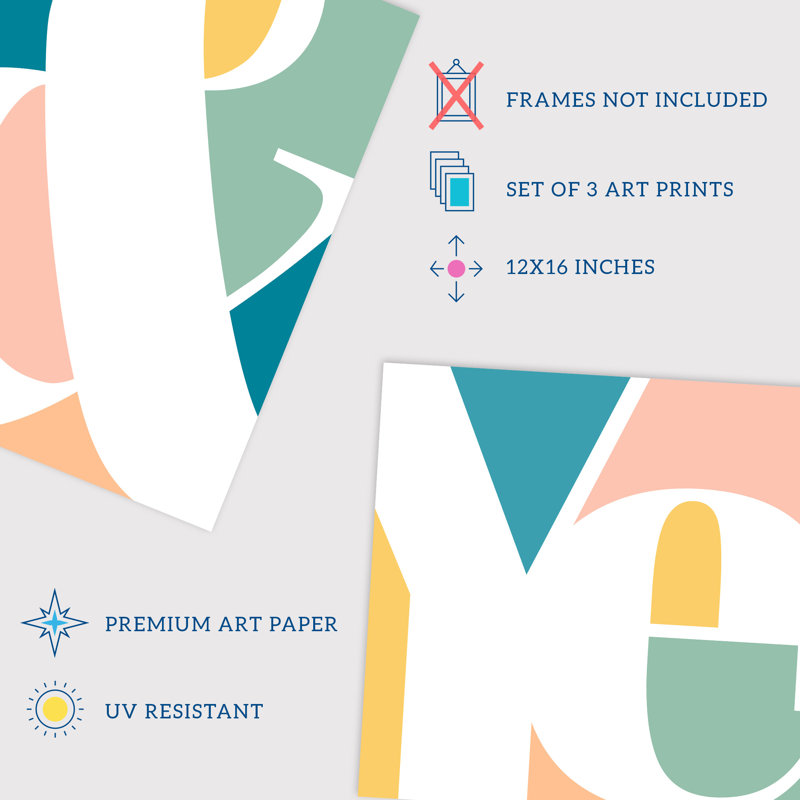 Symbol Typography Words Yes And No Pastel Colour - 3 Piece No Frame Print Set, 40.5cm H x 30.5cm W x 0.3cm D