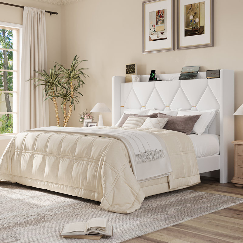 Modern Tufted Velvet Upholstered Bed With Charging Station & Storage Shelf ,No Box Spring Needed, Full, White