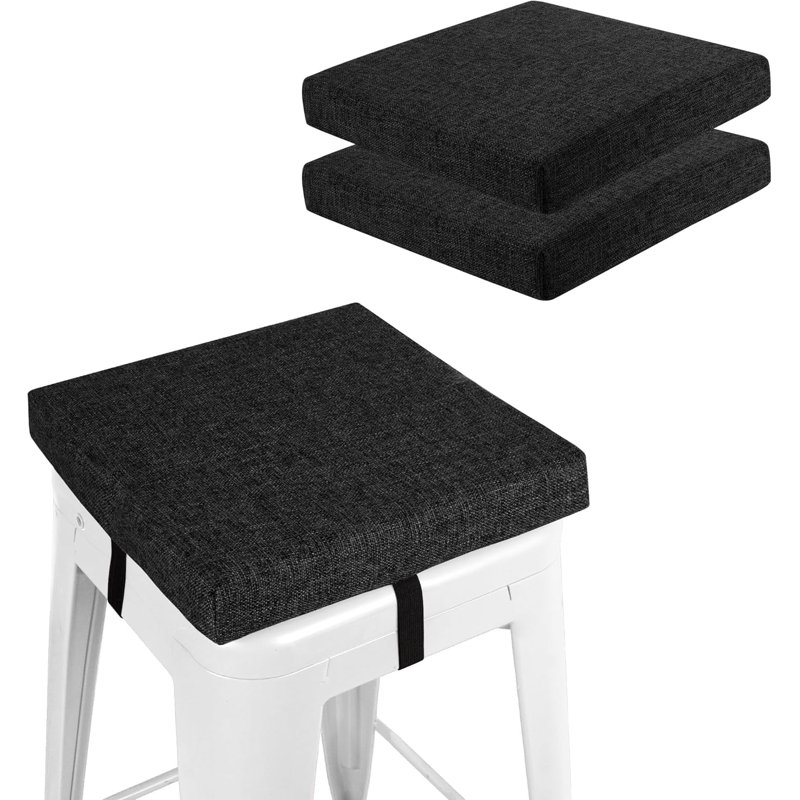 Set of 2 Square Bar Stool Cushions Linen-Like Polyester with Non-Slip Bottom & Buckle Straps