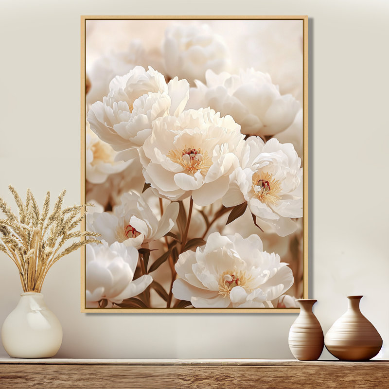 Impression sur toile de pivoines Caseyville, H 32 po x l 24 po, Reproduction avec cadre flottant, Crème, crème