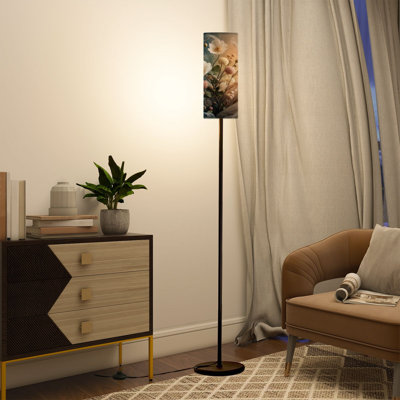  Lampe sur pied de 68,5 po à arrangement floral élégant avec fleurs blanches et roses, ampoule éthéré à intensité variable en métal avec abat-jour en lin, ampoule DEL incluse