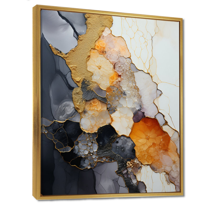 «Silver Gold Rock Impression» - impression d'art mural en marbre, H 20 po x l 12 po x P 1 po, Toile avec cadre flottant or