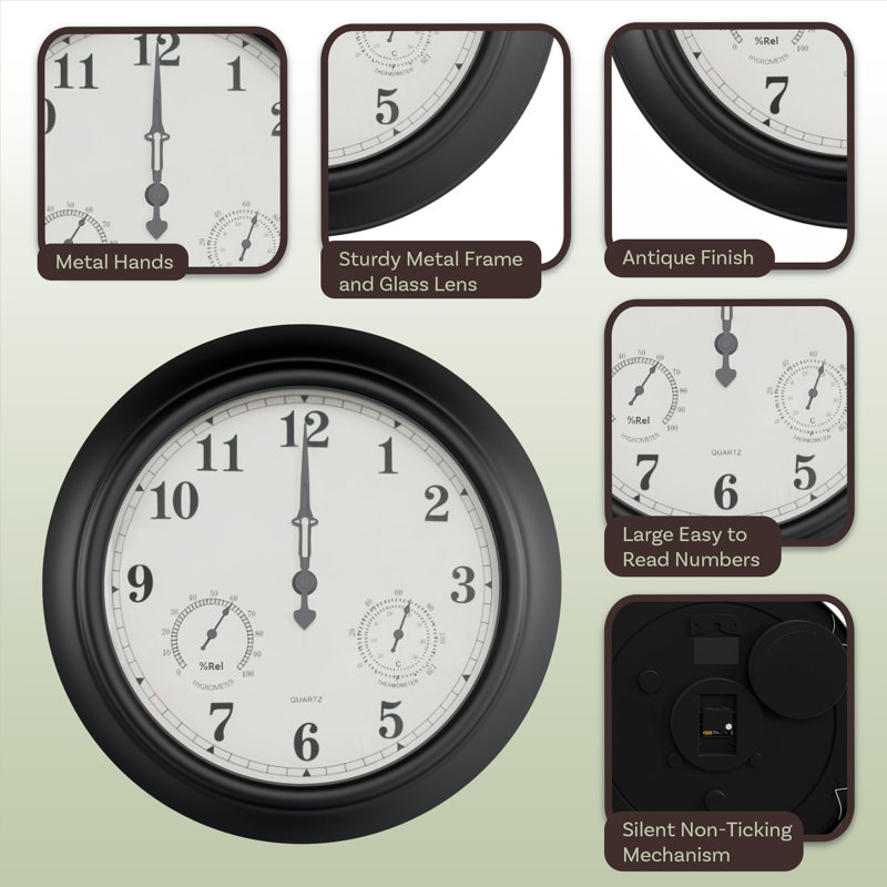 Indoor Outdoor Clock Thermometer Combo - 18-Inch Waterproof Outdoor Wall Clock with Temperature and Humidity - Silent Battery Operated Quartz Clock for Bathroom Patio or Pool by Pure Garden (Bronze)
