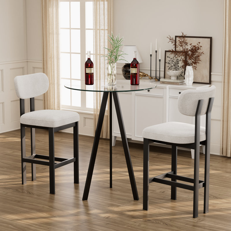 Modern Tempered Glass Round Bar Table Set With Upholstered Fabric Counter Height Barstools, Cream, 3 Pieces: Table, 2 Chairs