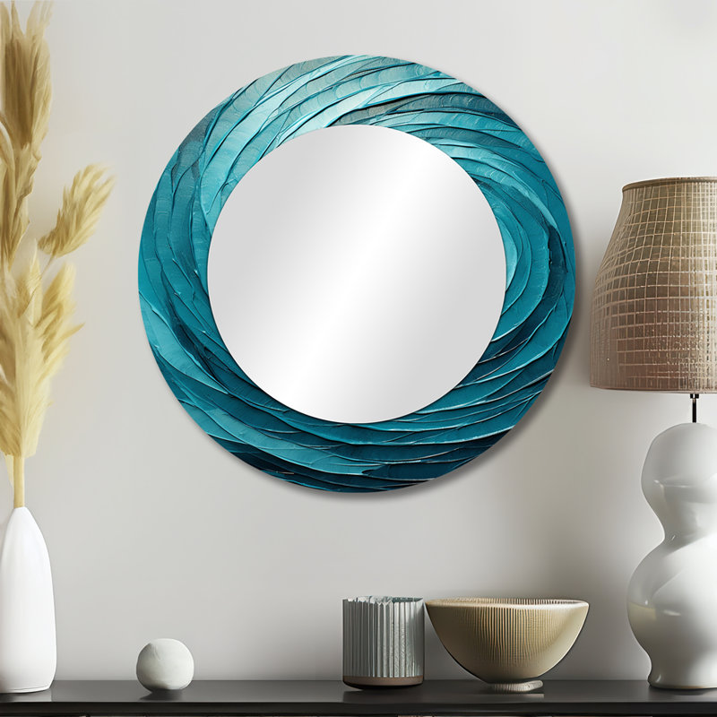 Teal Twist Tranquility Spiral II - miroir spirales abstraites, miroir mural rond bleu unique, impression sur métal