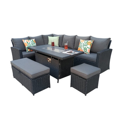 Werchter 9 Seater Corner Sofa Set with Fire-Pit Dining Table with Storage Box & Rain Cover