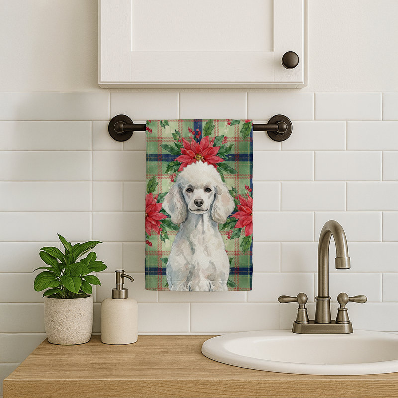 Standard White Poodle Christmas PoinsettIas Kitchen Towel, Standard White Poodle