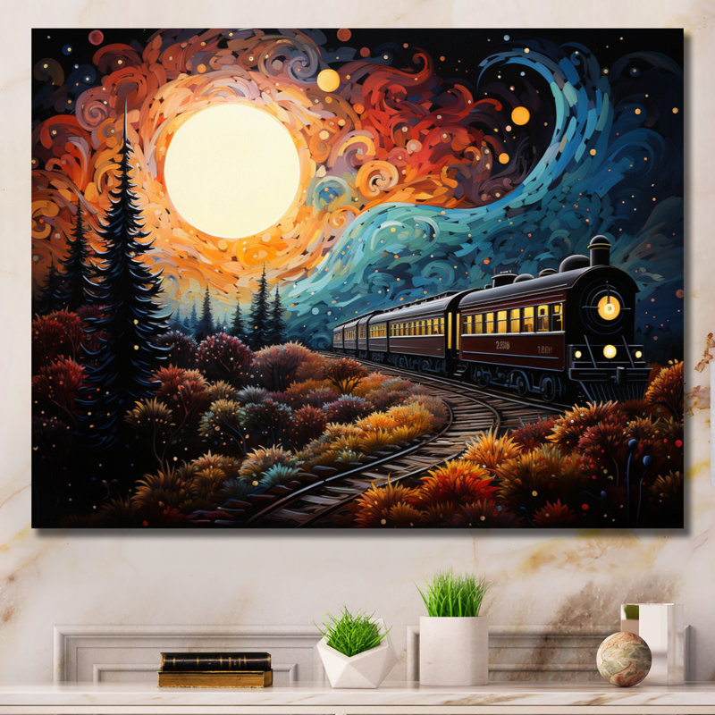 Train enchanted voyage pointillisme sur toile, Toile tendue, H 24 po x l 32 po x P 1 po