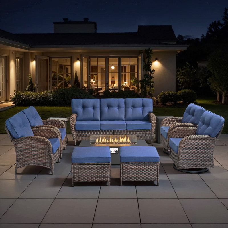 9-Piece Outdoor Garden Family Party Conversation Set With Fire Pit Table And Swivel Chairs, Blue