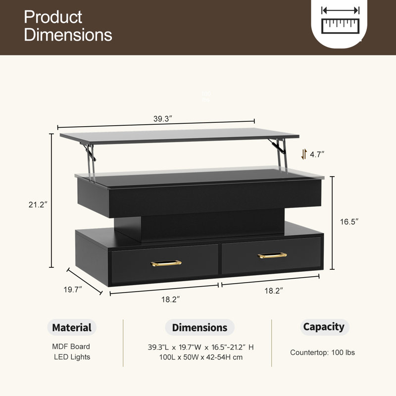 Table basse moderne à plateau relevable ultrabrillant avec lumières DEL 16 couleurs, plateau relevable à 2 tiroirs et compartiment caché pour le salon