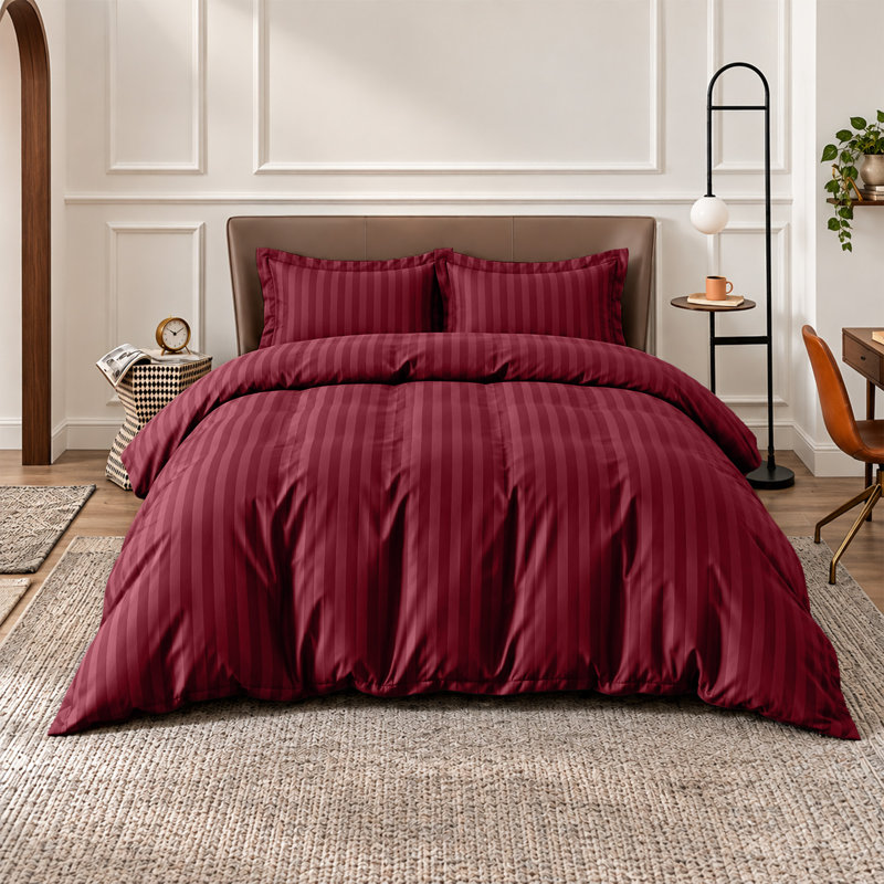 Microfiber Striped Duvet Cover Set with Pillowcases Included, Double Duvet Cover Set + 2 Pillowcases, Burgundy
