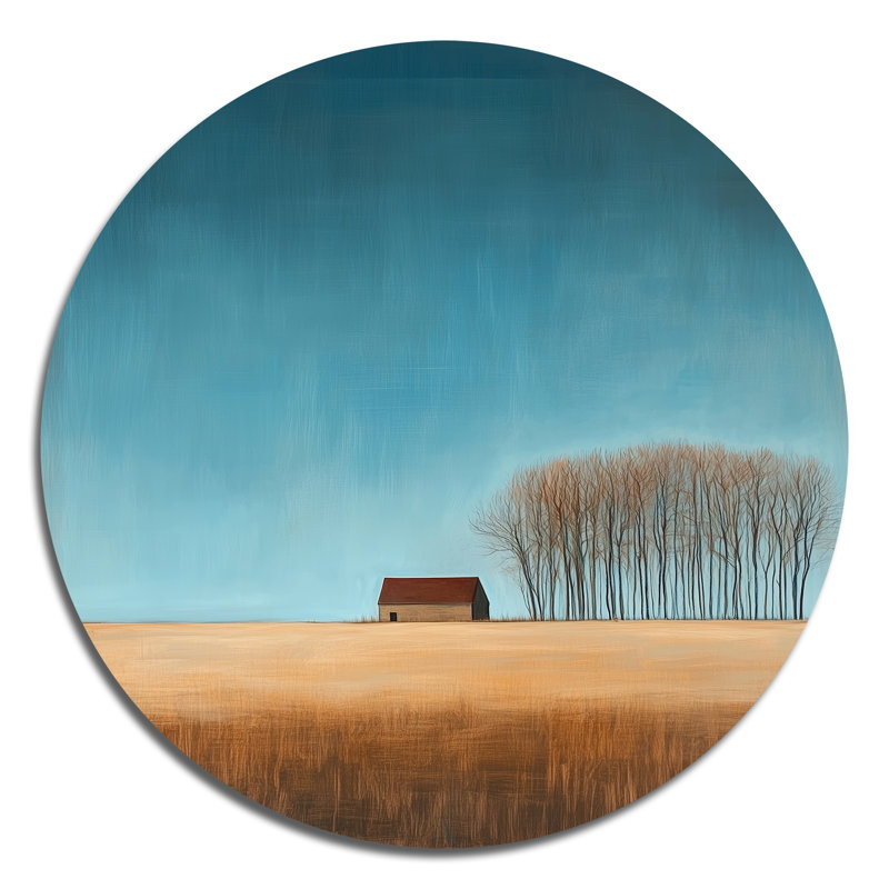 Horizon paisible de ferme - Impression ronde en métal bleu rustique, H 16 po x l 16 po