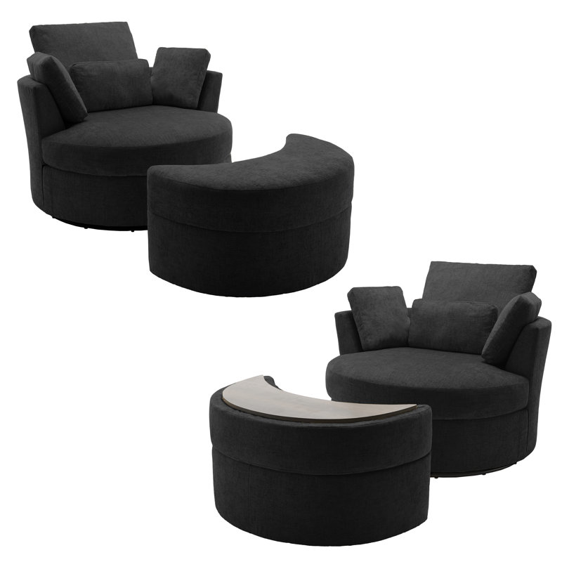 Upholstered Swivel Lounge Armchair With Storage Ottoman(Set of 2), Black Polyester Blend