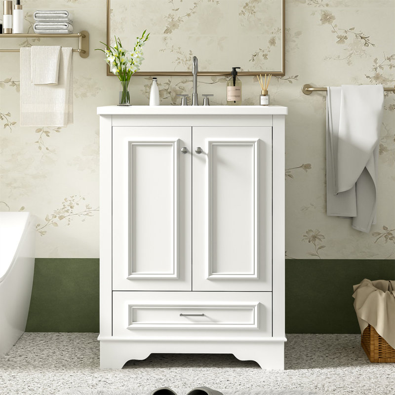 24" Freestanding Bathroom Vanity With Ceramic Sink Top, Soft-Closing Doors Cabinet And Drawer, White