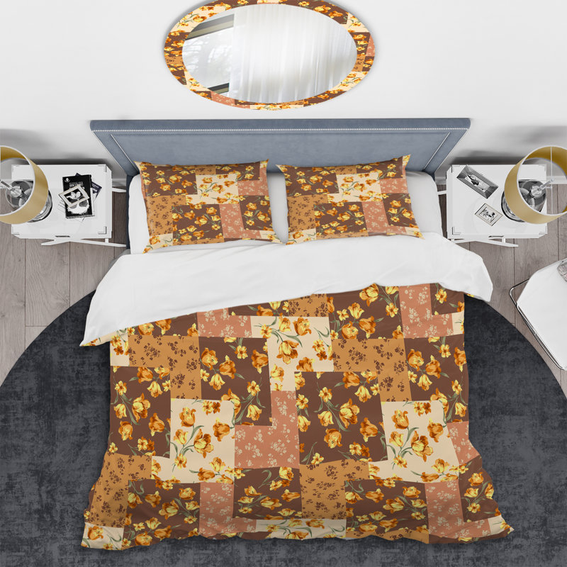 Patchwork de fleurs jaunes - ensemble de housse de couette abstrait - polyester microfibre