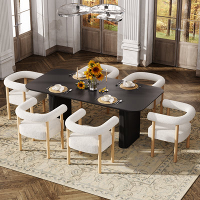 Modern 71in Oval Dining Table & 4/6 White Teddy Fleece Chairs Set for 4-6  Kitchen/Dining Room