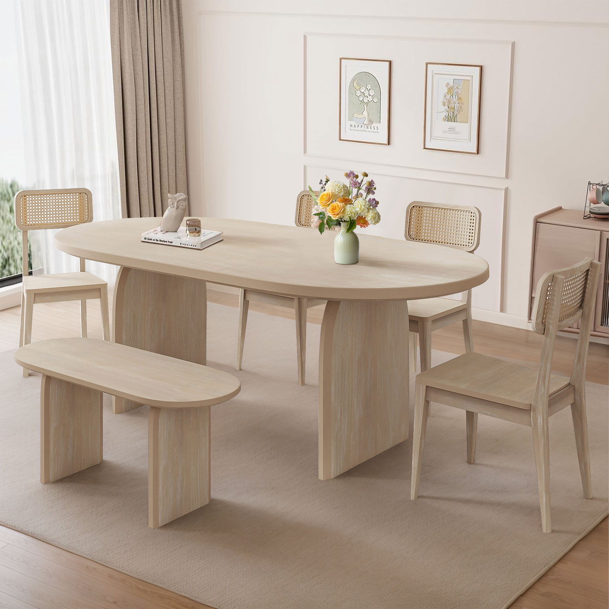 Latitude Run® 6-Piece Oval Dining Table Set with a Bench and 4 Rattan-back Chairs - Wayfair Canada