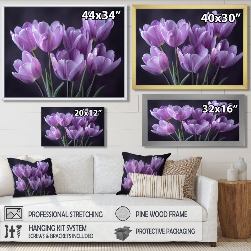 Mauve gris Moody Majesty Tulips II - Tulipes, art mural, Cadre simple noir, bois massif, H 30 po x l 40 po