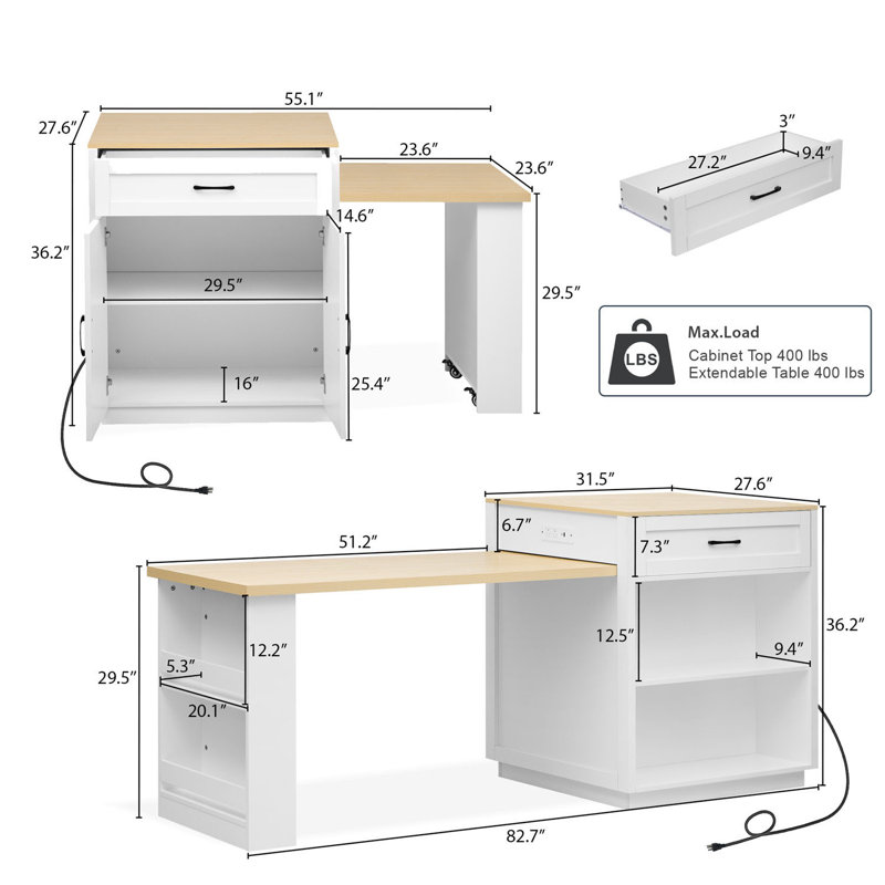 Kitchen Island With Extendable Table, White