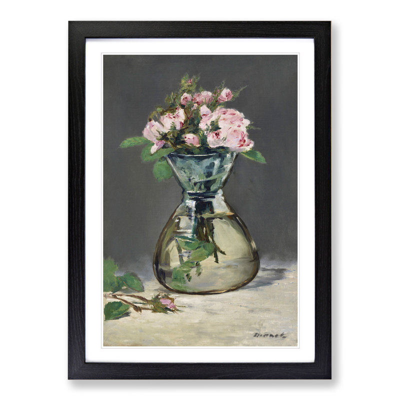 Moss Roses in a Vase by Edouard Manet - Picture Frame Graphic Art, Black Framed, 36cm H x 27cm W x 2cm D