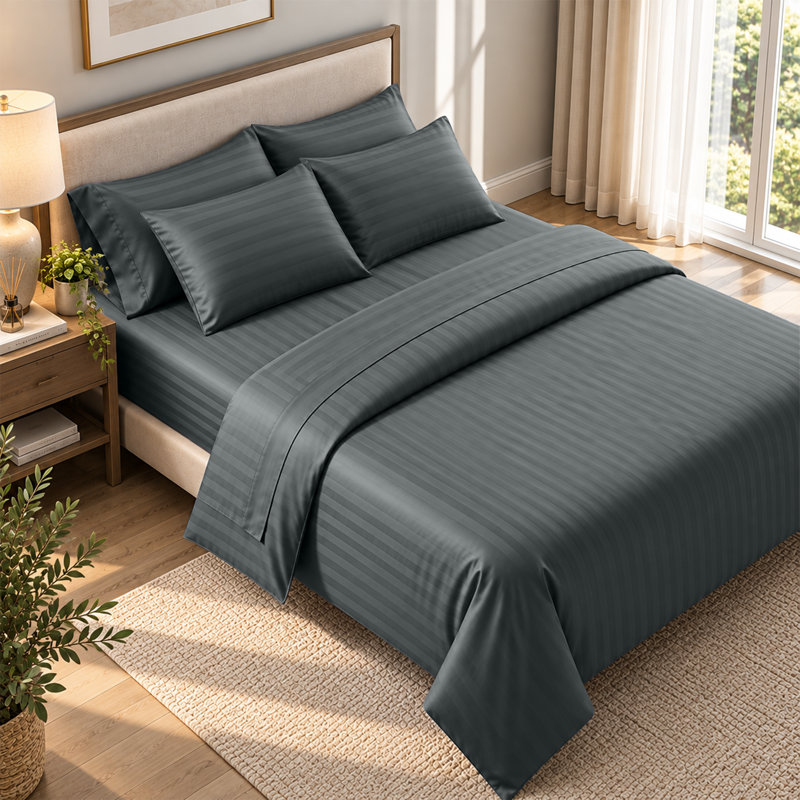Microfiber Striped Duvet Cover Set with Pillowcases Included, Super King Duvet Cover + 3 Additional Pieces, Grey, 4