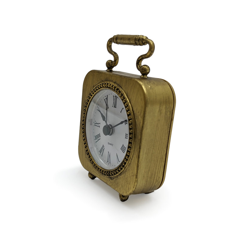 Roman Numeral Metal Mechanical Tabletop Clock in Gold