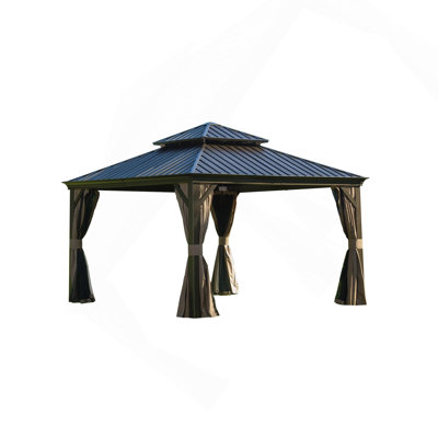 12'X12' Hardtop Gazebo, Outdoor Aluminum Frame Canopy With Galvanized Steel Double Roof, Outdoor Permanent Metal Pavilion With Curtains And Netting