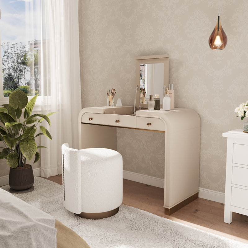 Coiffeuse de maquillage classique avec miroir rabattable et 2 tiroirs, bureau de maquillage avec espace de rangement caché