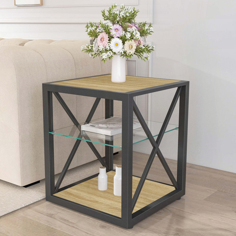 Table de bout Modern - Verre trempé et bois aggloméré - industriel, 1, Bois naturel / noir