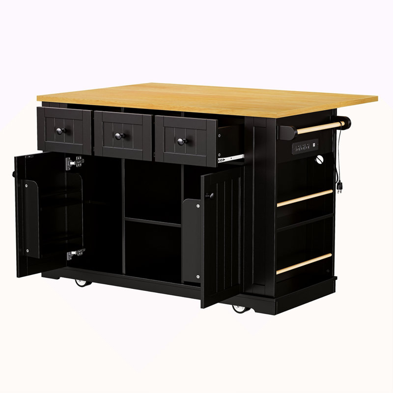 Grand îlot de cuisine de 53 pouces avec 2 tabourets de bar, prise de courant, support de rangement interne pour porte, chariot de rangement de cuisine sur 5 roulettes avec abattant, 5 supports latéraux ouverts, 3 tiroirs, pour la cuisine, la salle à manger