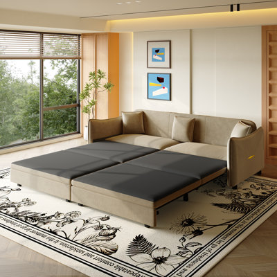 81.9" King Pull Out Sofa Bed, 3-in-1 Convertible with 3 Pillows & Golden Accent, for Small Space Living Room