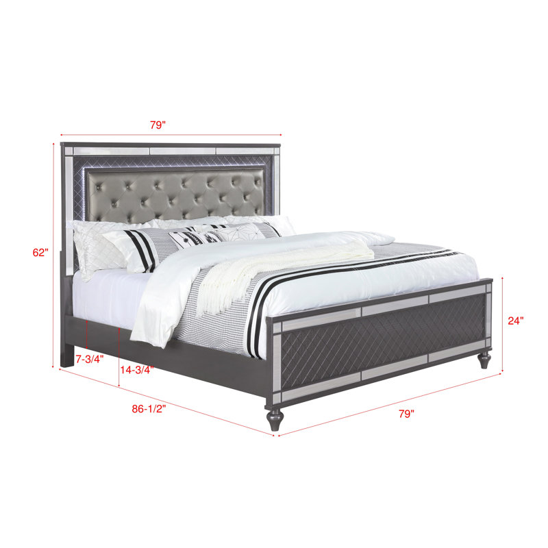 Refino Gray King LED Upholstered Panel Bed