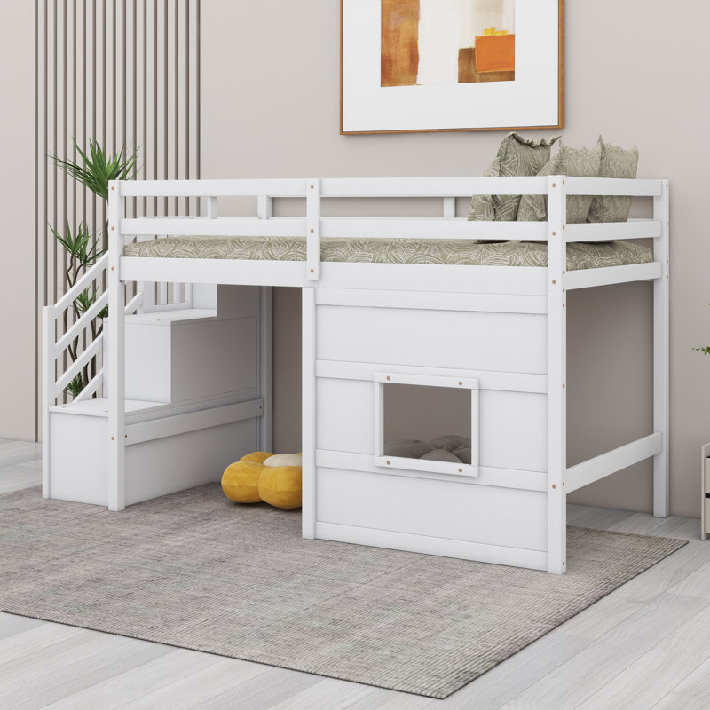 Lit mezzanine peu encombrant avec escalier de rangement et fenêtre, Blanc