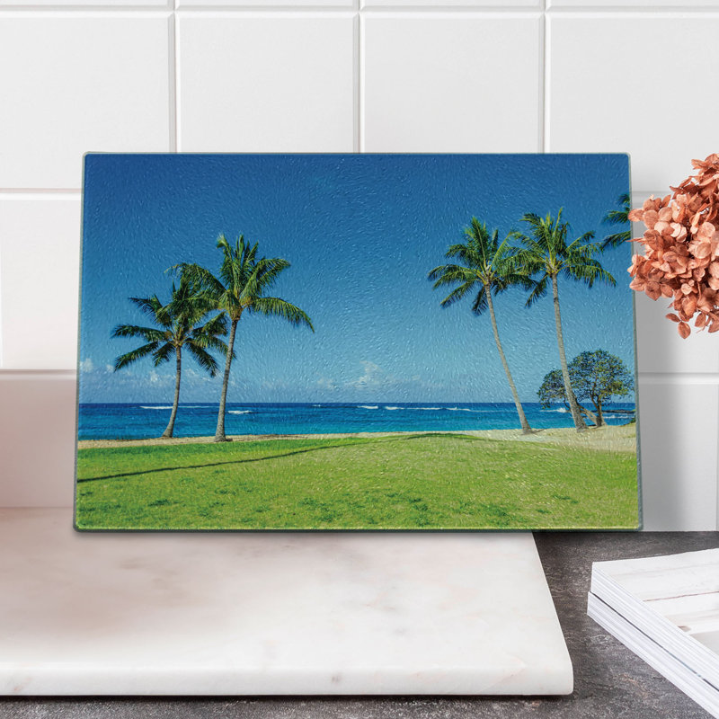Planche à découper en verre trempé Ambesonne Tropical Coconut Palm Hawaii Blue Green