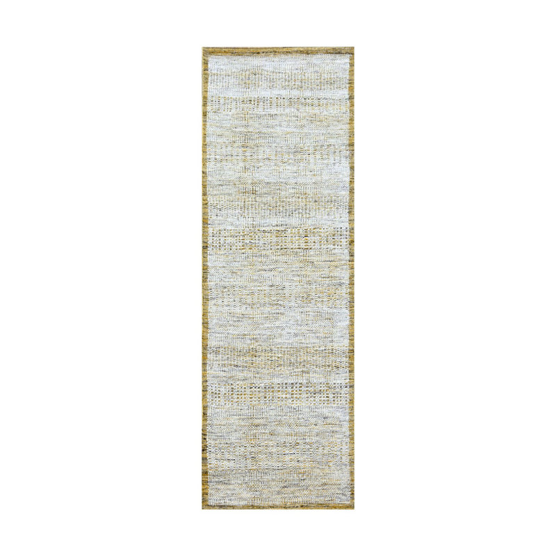 Tapis oriental 2 pi 8 po x 8 pi 2 po jaune moutarde, motif oxydé et patiné avec chaînes exposées, laine naturelle, tapis oriental noué à la main