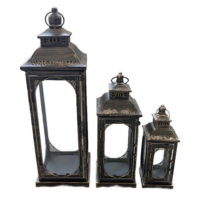  Set of 3 Vintage Candle Lanterns Decorative Outdoor Lantern (Black)
