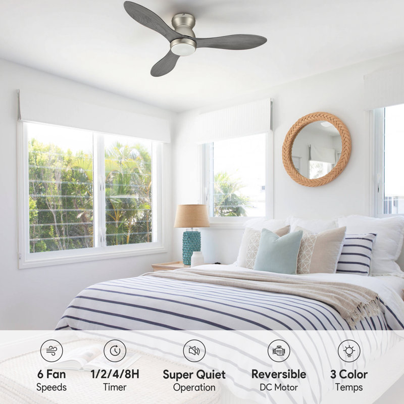 42" Flush Mount Low Profile Small Room Solid Wood Ceiling Fan with LED Light and Remote, Gray Wood